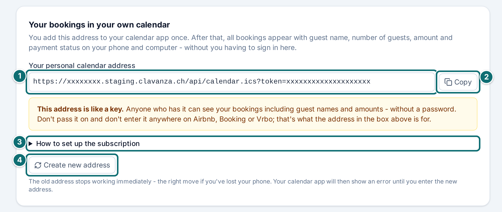 Calendar subscription: your bookings in your own calendar (token made unreadable)
