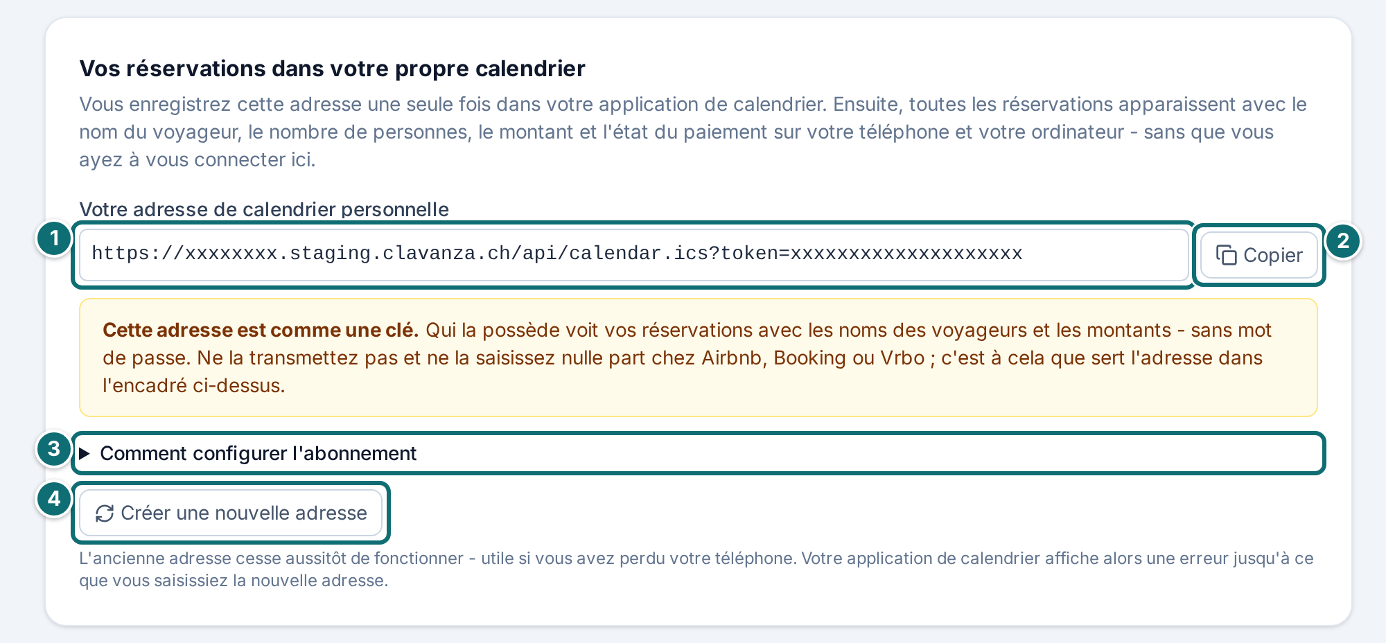 Abonnement de calendrier : vos réservations dans votre propre calendrier (jeton rendu illisible)