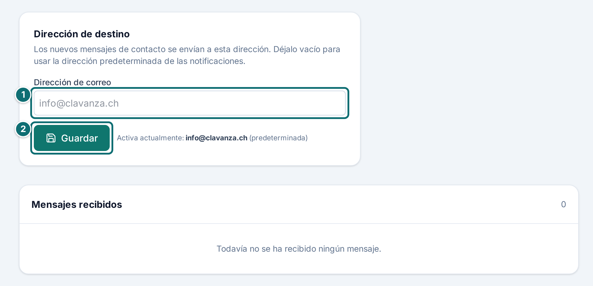 Mensajes: dirección del destinatario y mensajes recibidos