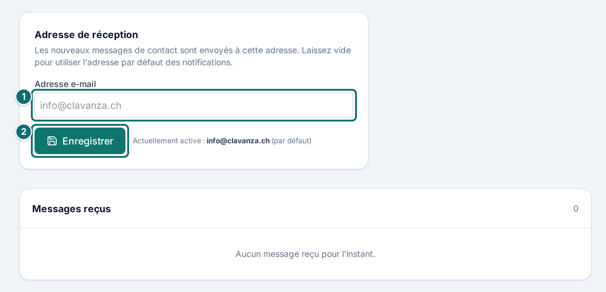 Messages : adresse du destinataire et messages reçus