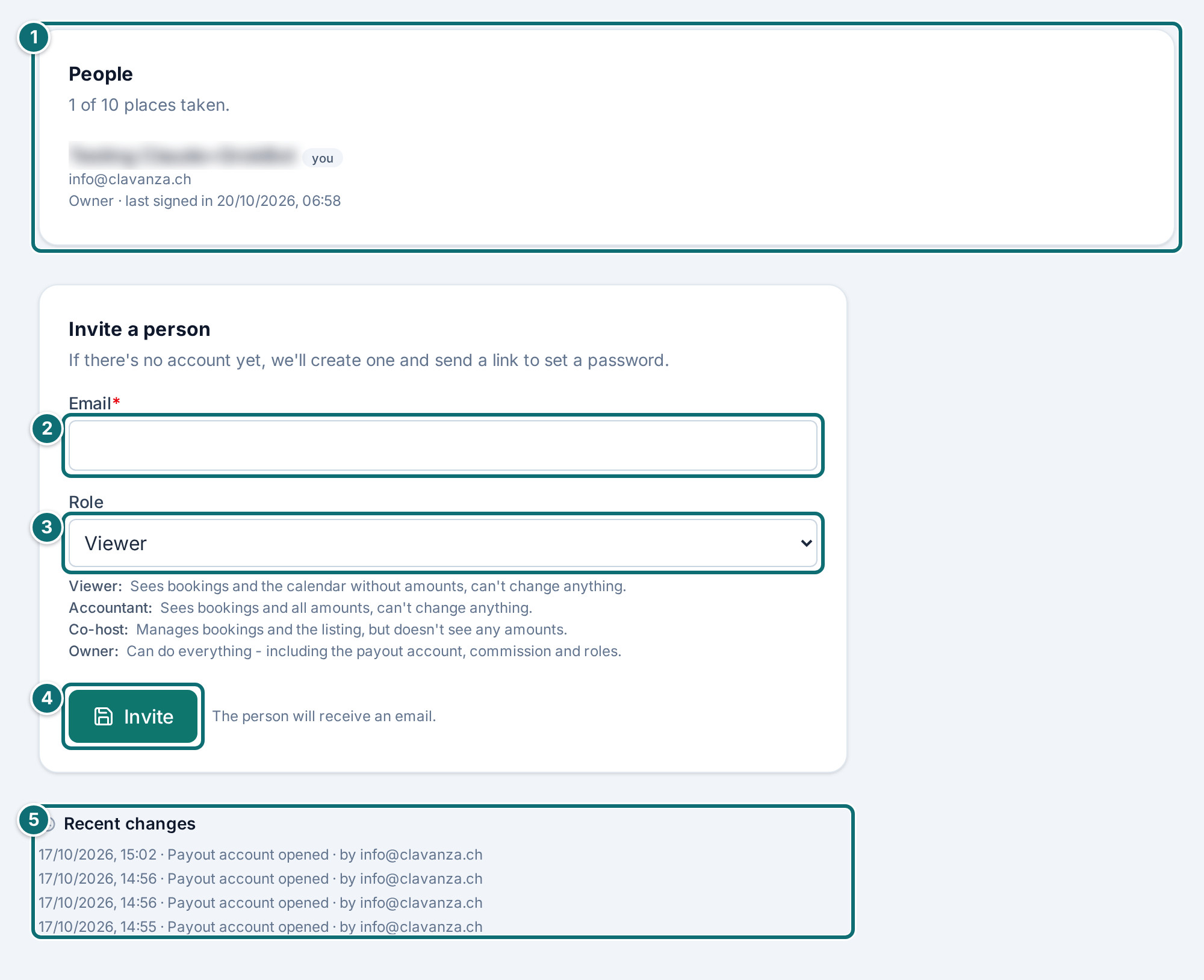 Access: people, invitation and change log (names and email addresses pixelated)