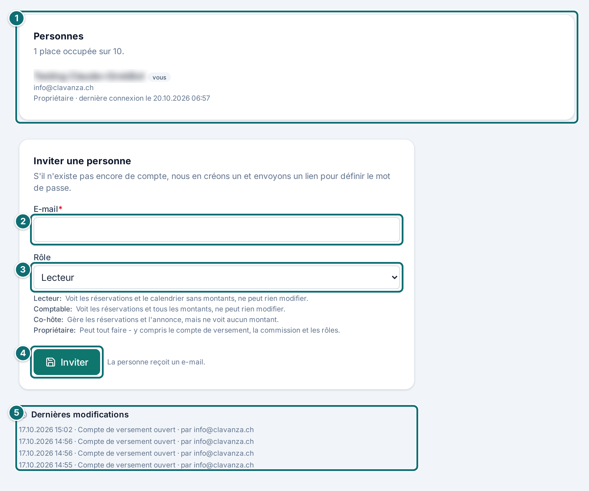 Accès : personnes, invitation et journal des changements (noms et adresses e-mail pixellisés)