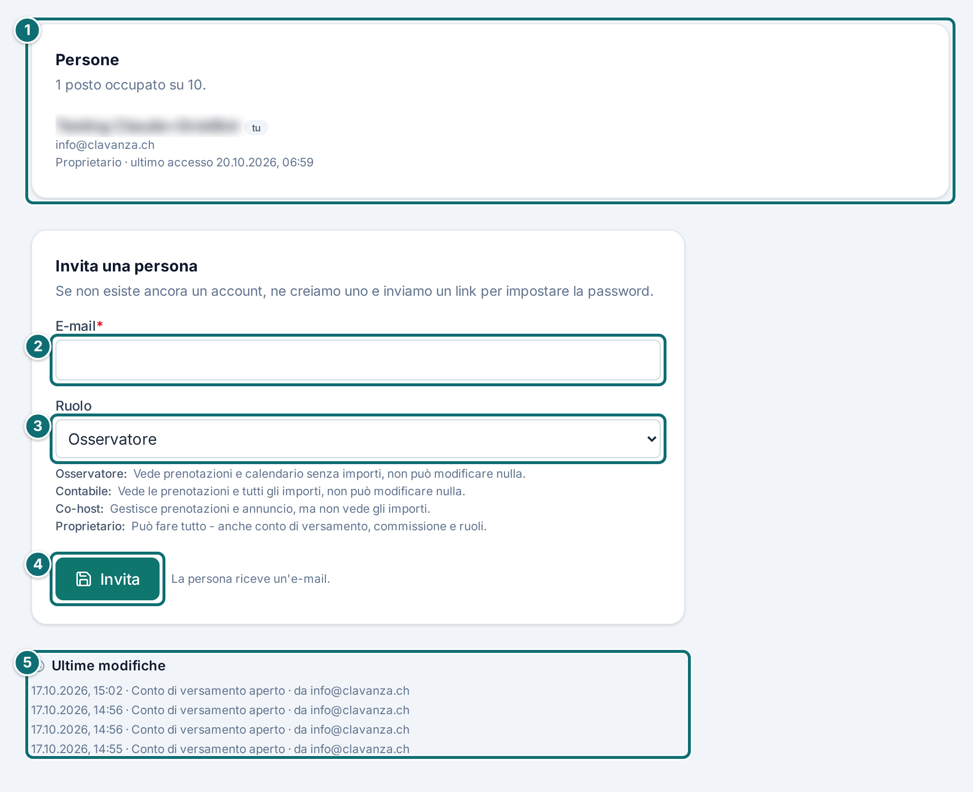 Accessi: persone, invito e registro delle modifiche (nomi e indirizzi e-mail pixelati)