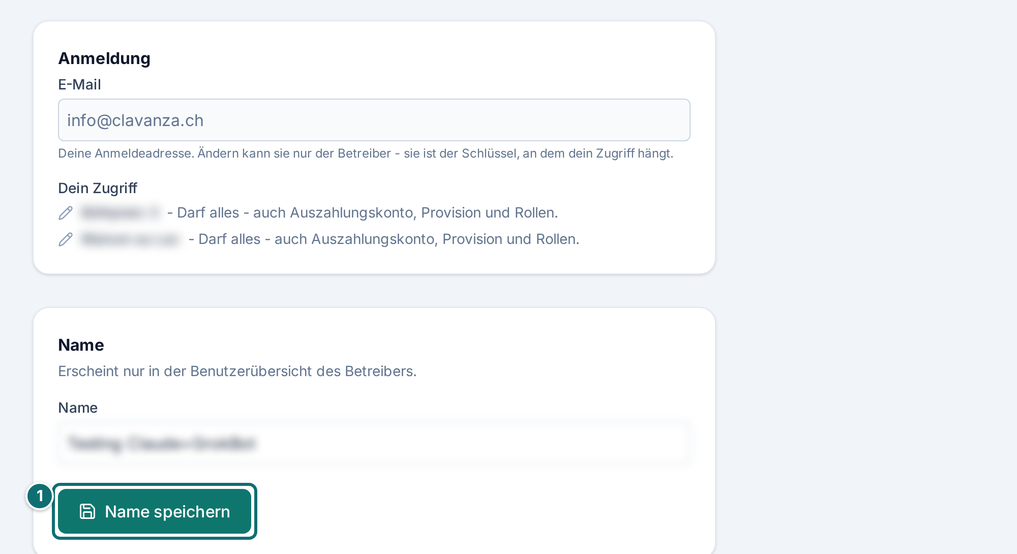 Mein Konto: Anmeldung, Zugriff und Name (Anmeldeadresse, Name und weitere Objekte unkenntlich)