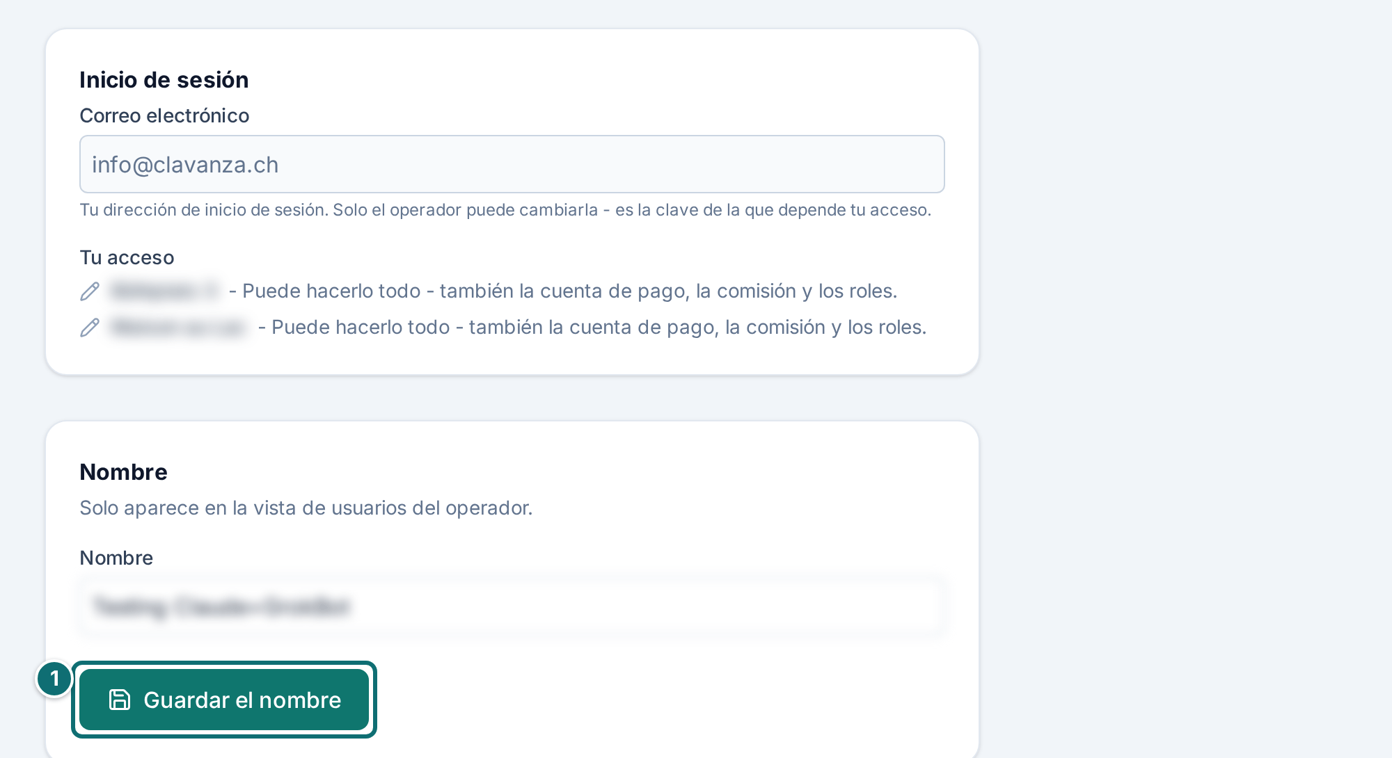 Mi cuenta: inicio de sesión, acceso y nombre (dirección de acceso, nombre y otras cuentas ilegibles)