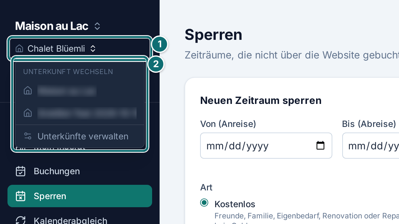 Seitenleiste: zwischen Unterkünften wechseln