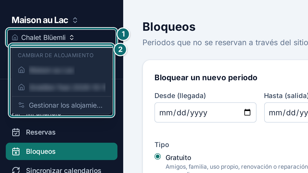 Barra lateral: cambiar de alojamiento