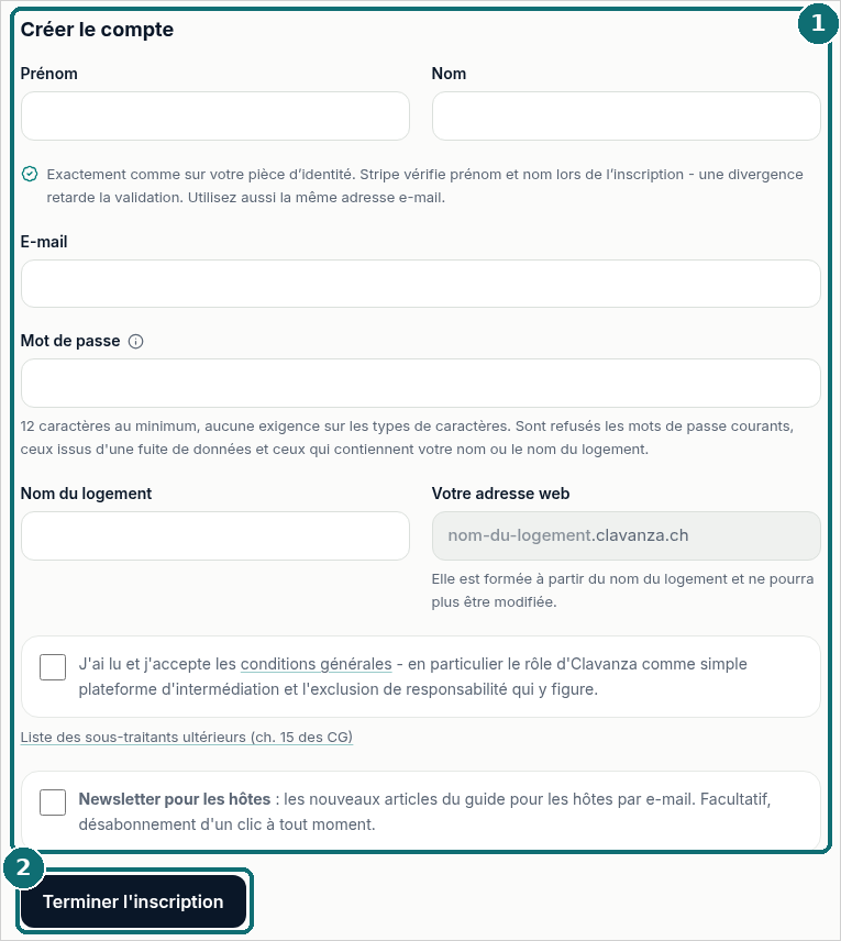 Inscription : formulaire « Créer le compte »