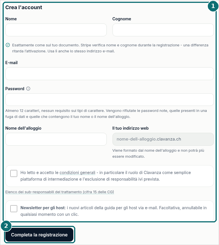 Registrazione: modulo «Crea l'account»